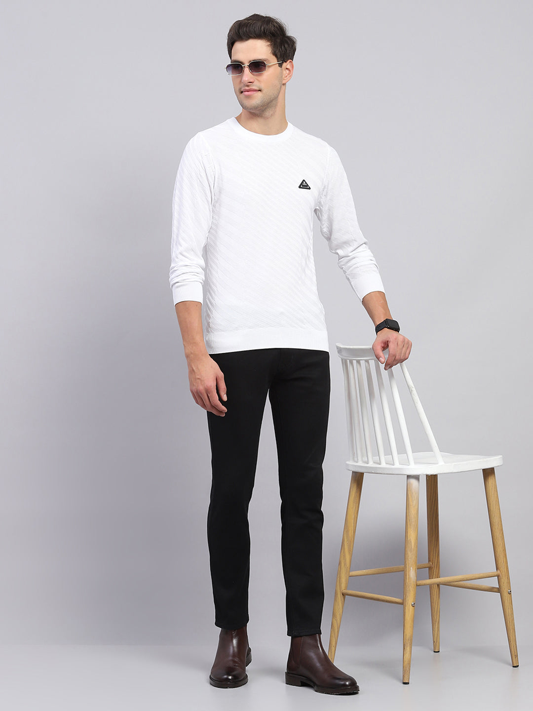 Men White Self Design Round Neck Full Sleeve Pullover