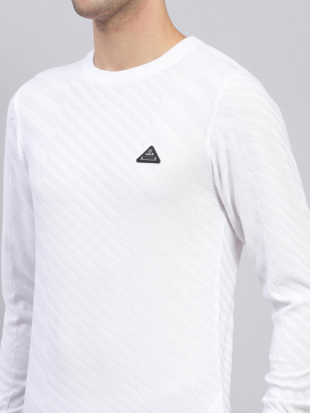 Men White Self Design Round Neck Full Sleeve Pullover