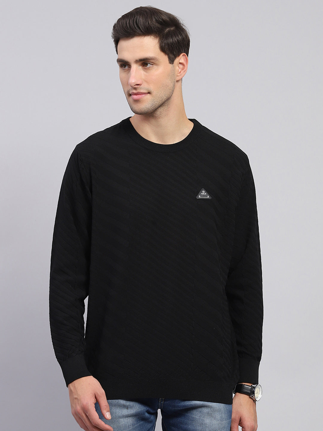 Men Black Self Design Round Neck Full Sleeve Pullover