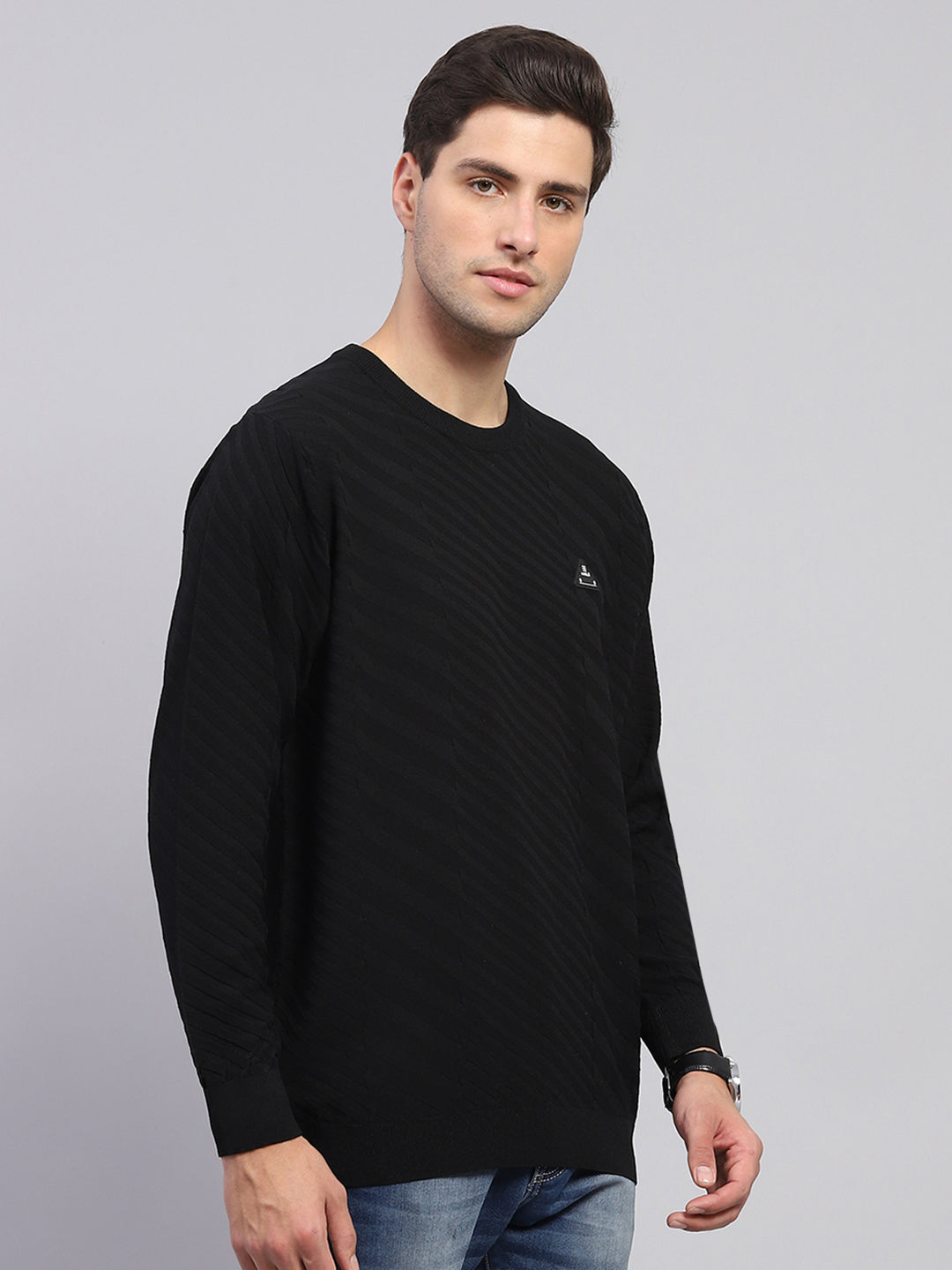 Men Black Self Design Round Neck Full Sleeve Pullover
