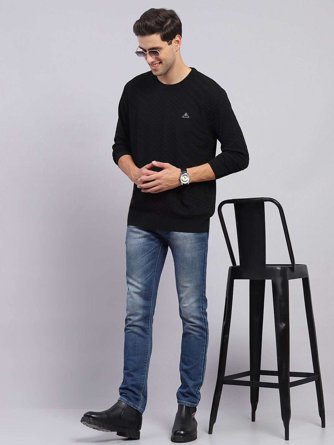 Men Black Self Design Round Neck Full Sleeve Pullover