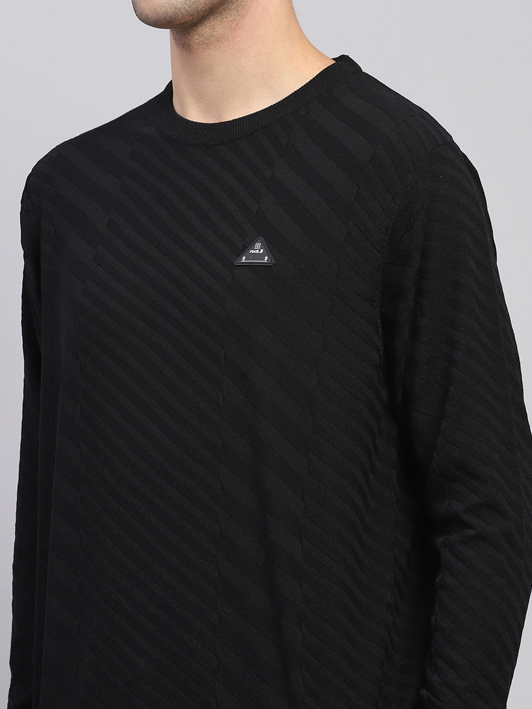 Men Black Self Design Round Neck Full Sleeve Pullover