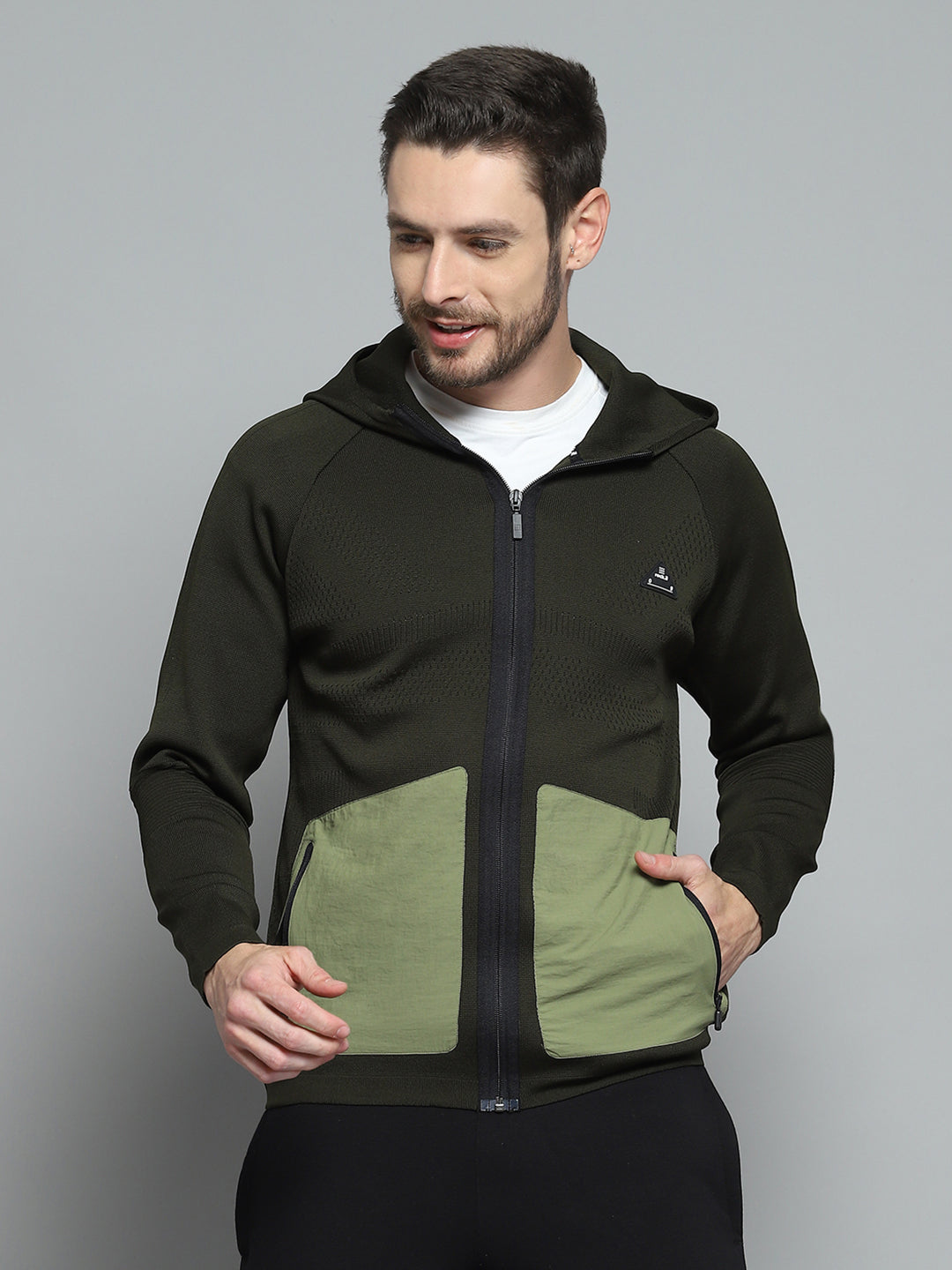 Men Olive Self Design Hooded Full Sleeve Pullover