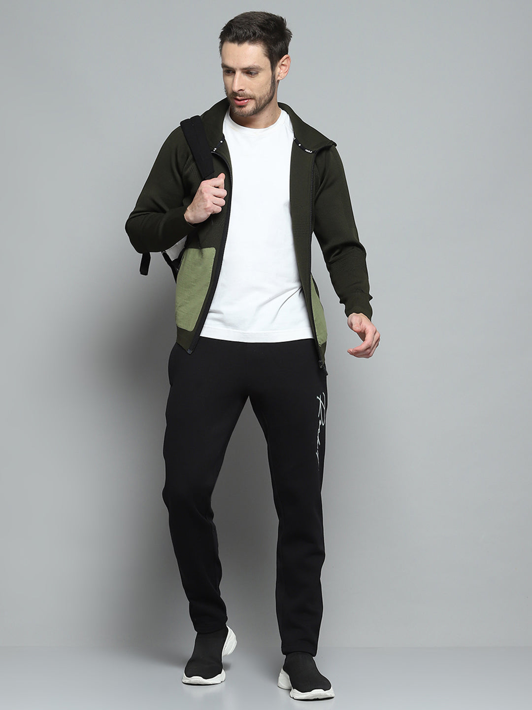 Men Olive Self Design Hooded Full Sleeve Pullover