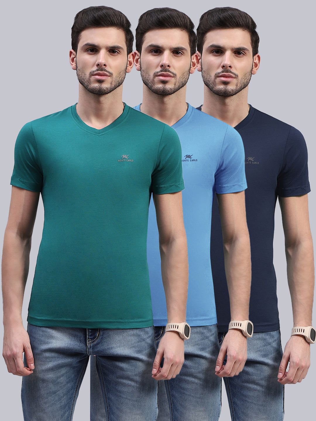 Men Multicolor Solid V Neck Half Sleeve T-Shirt (Pack of 3)