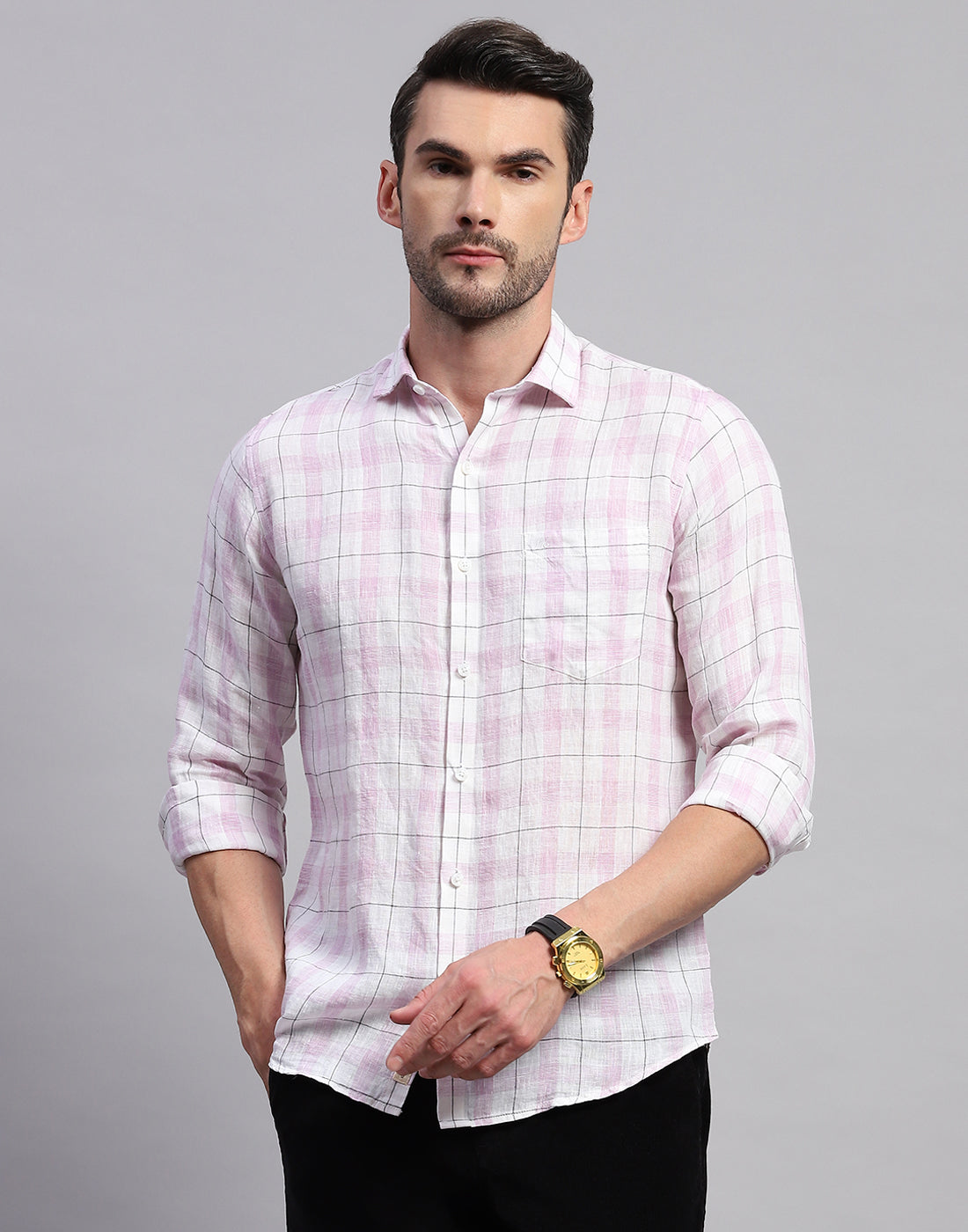 Men Purple Check Collar Neck Full Sleeve Shirt
