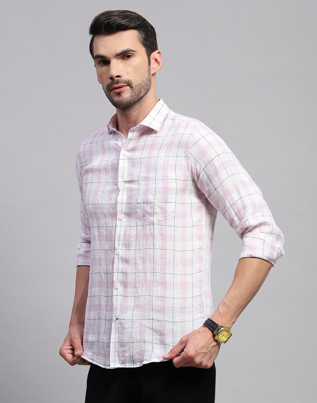 Men Purple Check Collar Neck Full Sleeve Shirt