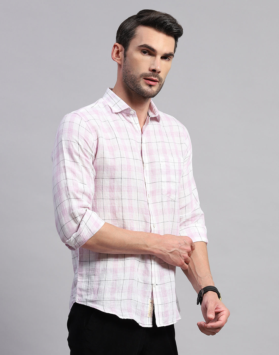 Men Purple Check Collar Neck Full Sleeve Shirt
