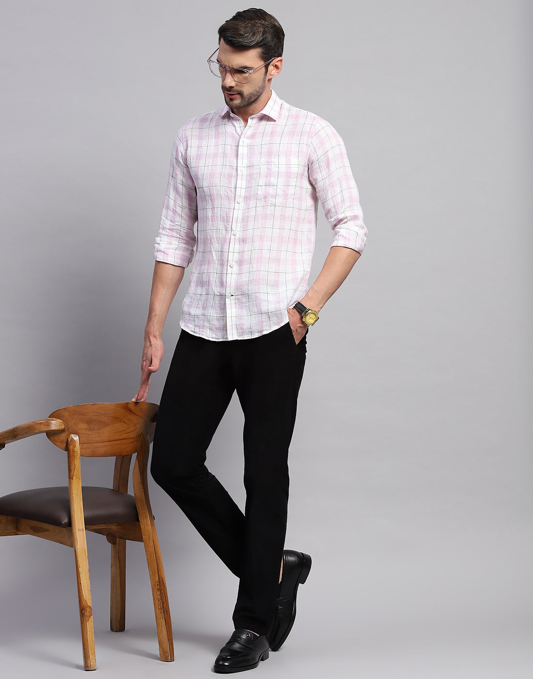 Men Purple Check Collar Neck Full Sleeve Shirt