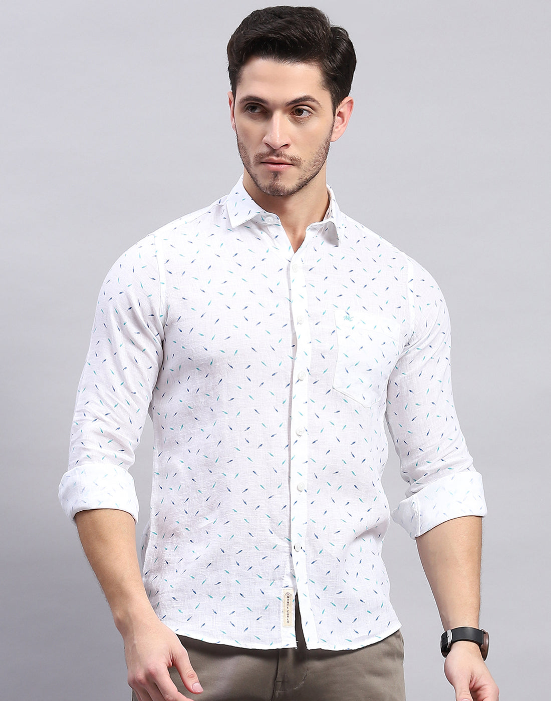 Men Aqua Blue Printed Collar Full Sleeve Shirt
