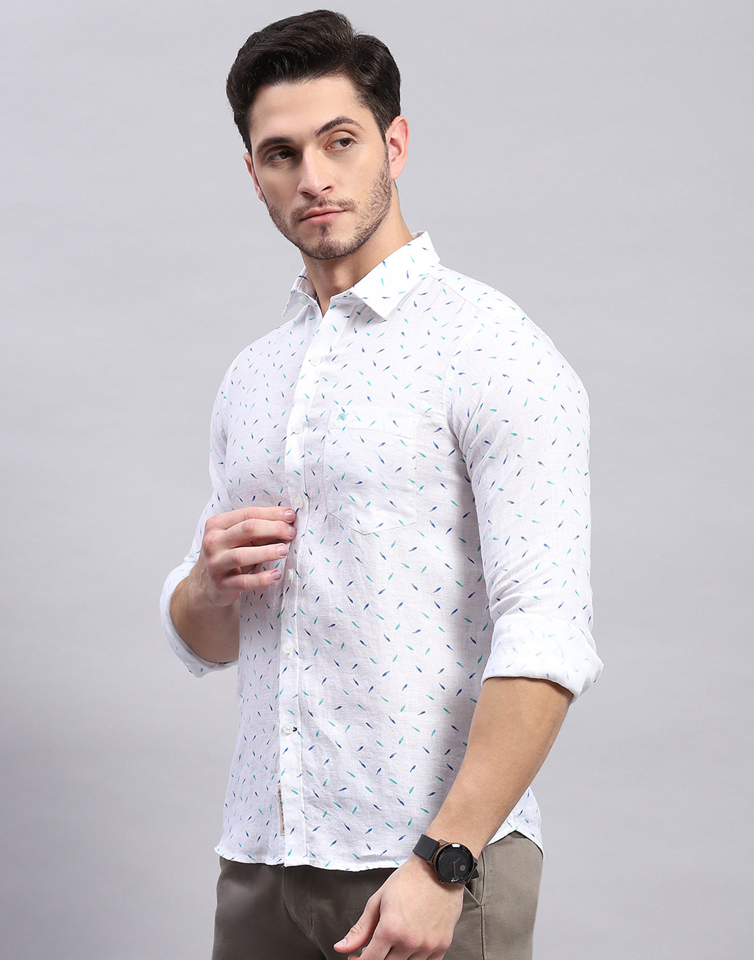 Men Aqua Blue Printed Collar Full Sleeve Shirt