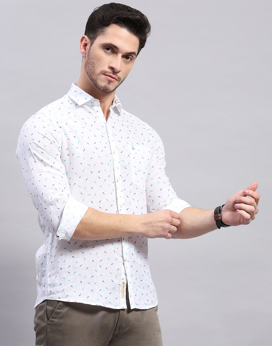 Men Aqua Blue Printed Collar Full Sleeve Shirt