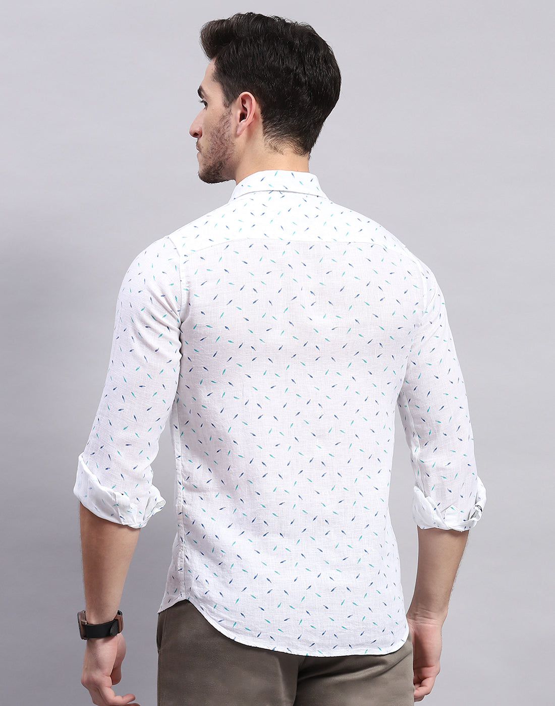 Men Aqua Blue Printed Collar Full Sleeve Shirt