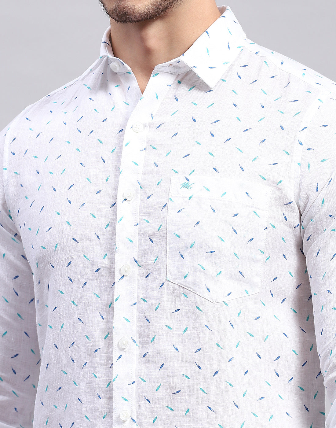 Men Aqua Blue Printed Collar Full Sleeve Shirt