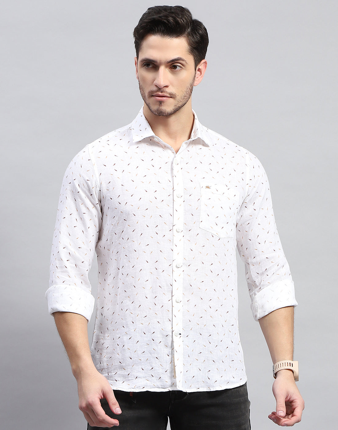 Men Brown Printed Collar Full Sleeve Shirt
