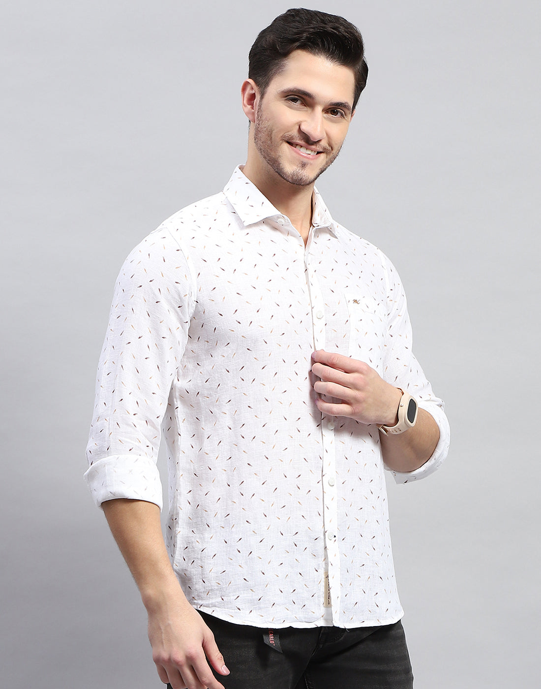Men Brown Printed Collar Full Sleeve Shirt