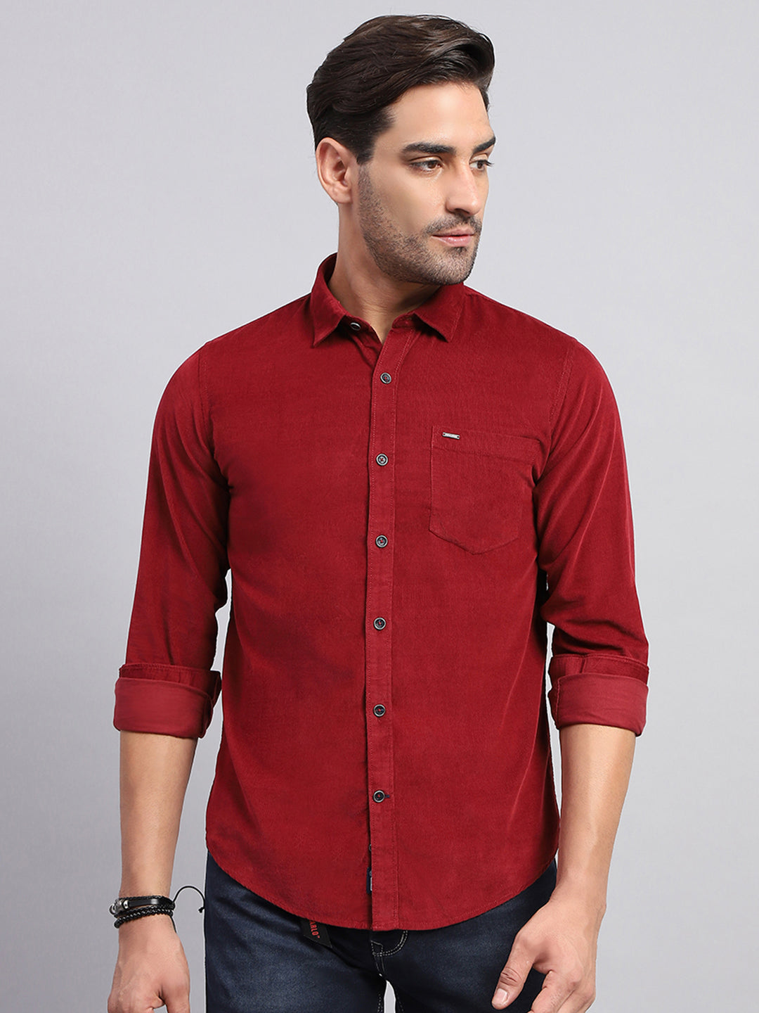 Men Maroon Solid Collar Full Sleeve Shirt