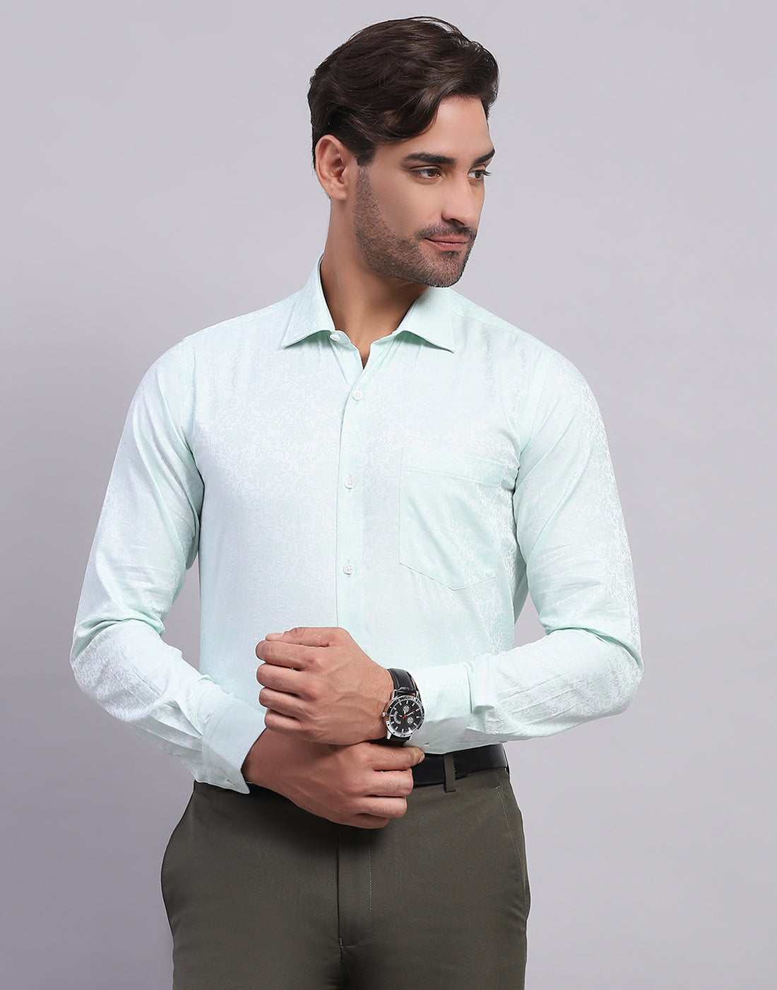 Luxuria Men Light Blue Self Design Collar Full Sleeve Shirt