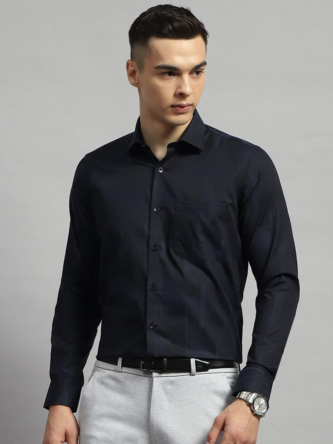 Luxuria Men Black Self Design Collar Full Sleeve Shirt