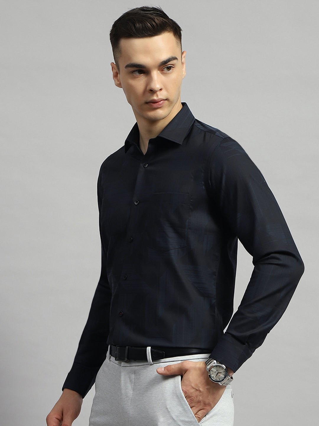 Luxuria Men Black Self Design Collar Full Sleeve Shirt
