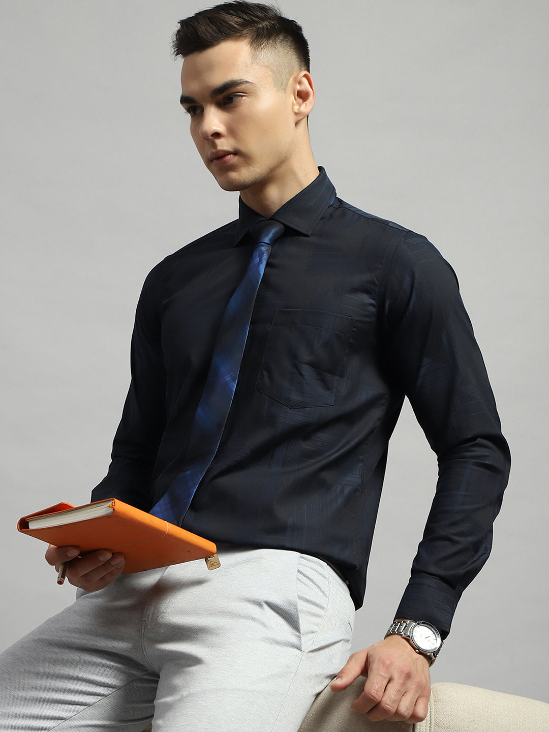 Luxuria Men Black Self Design Collar Full Sleeve Shirt