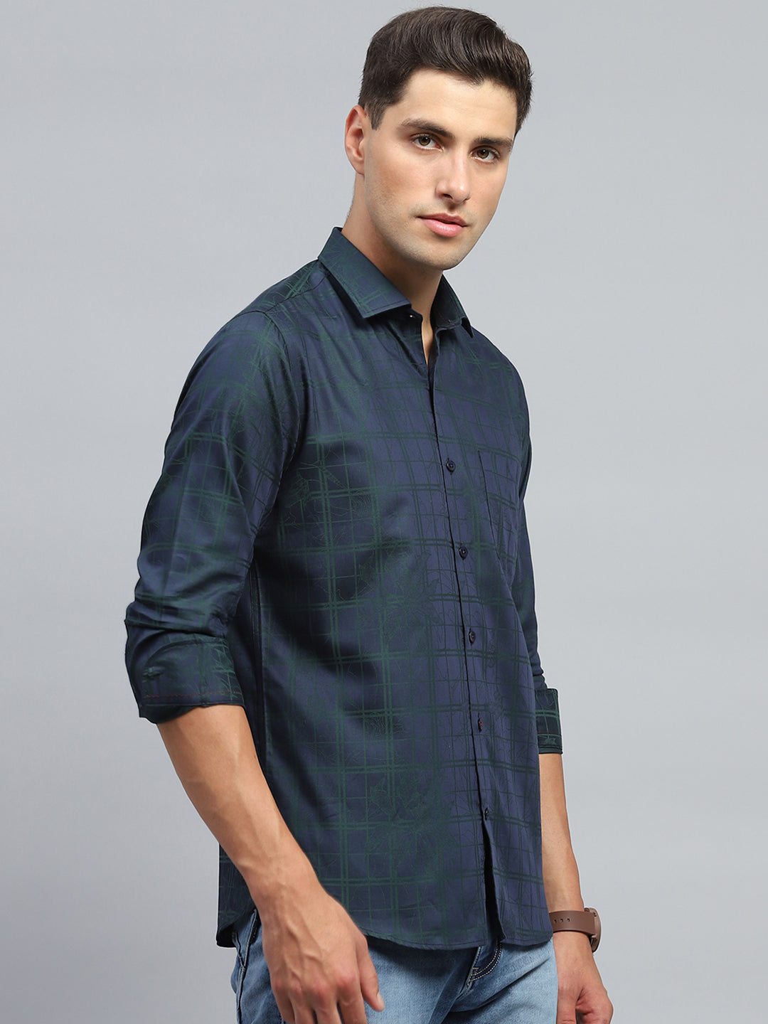 Luxuria Men Navy Blue Check Collar Full Sleeve Shirt