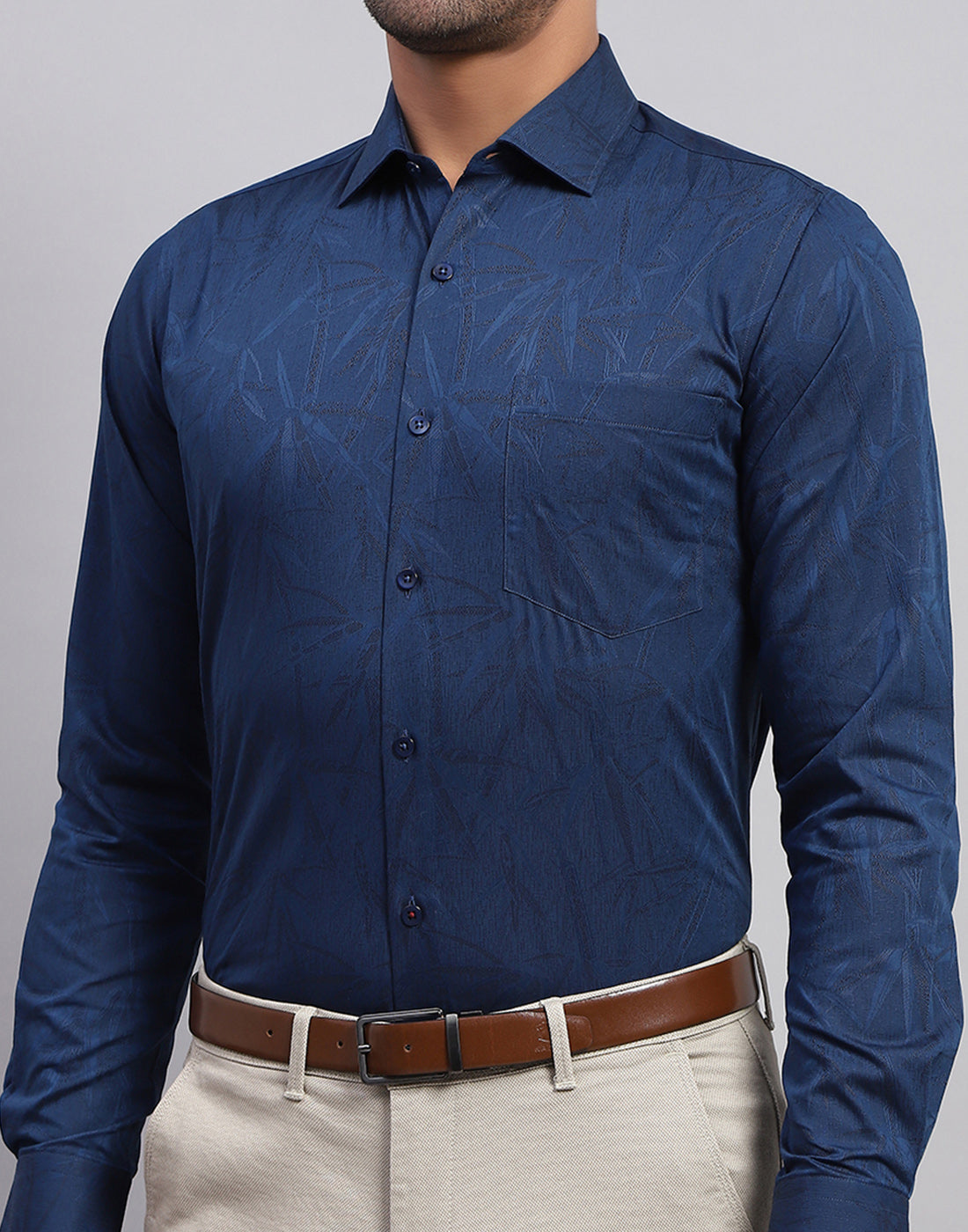 Luxuria Men Navy Blue Floral Print Collar Full Sleeve Shirt