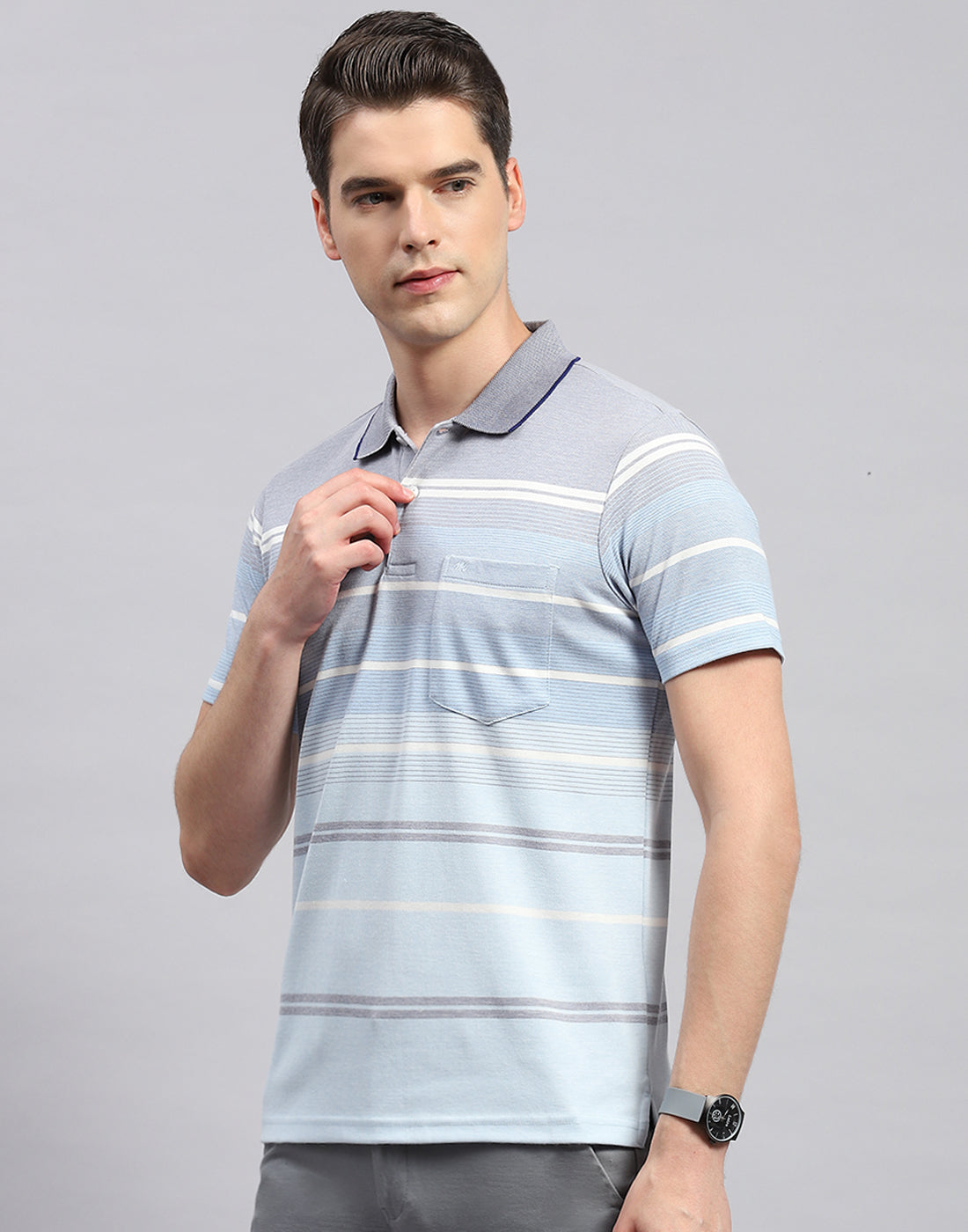 Men Sky Blue Stripe Collar Neck Half Sleeve T-Shirt