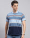 Men Blue Stripe Collar Neck Half Sleeve T-Shirt