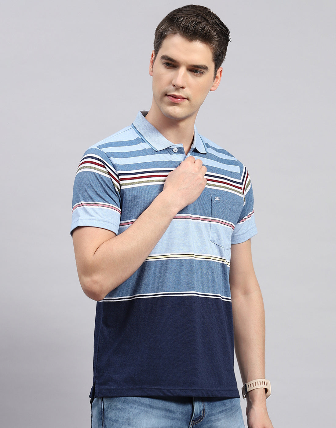 Men Blue Stripe Collar Neck Half Sleeve T-Shirt