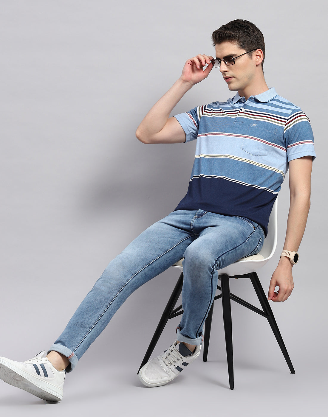 Men Blue Stripe Collar Neck Half Sleeve T-Shirt