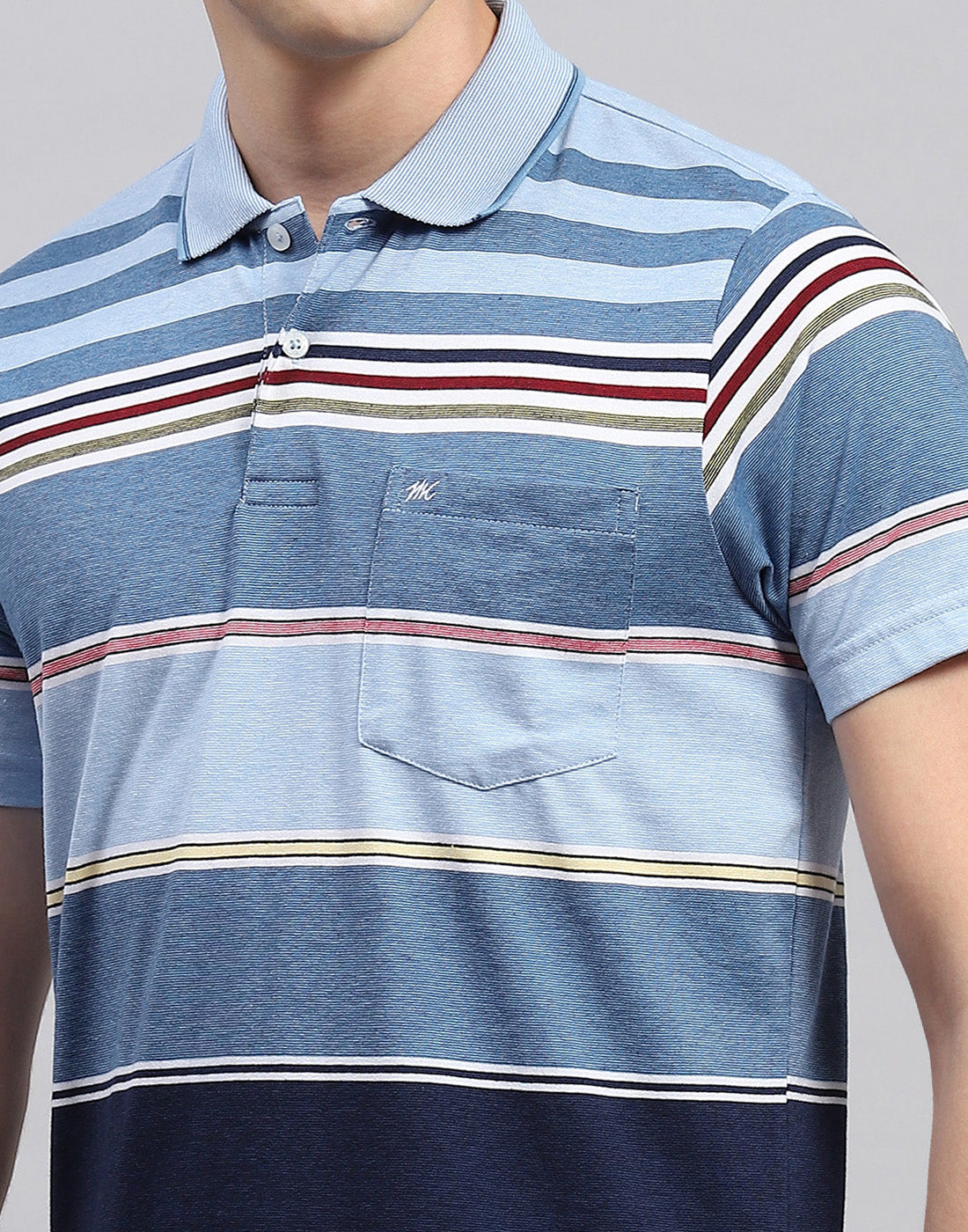 Men Blue Stripe Collar Neck Half Sleeve T-Shirt