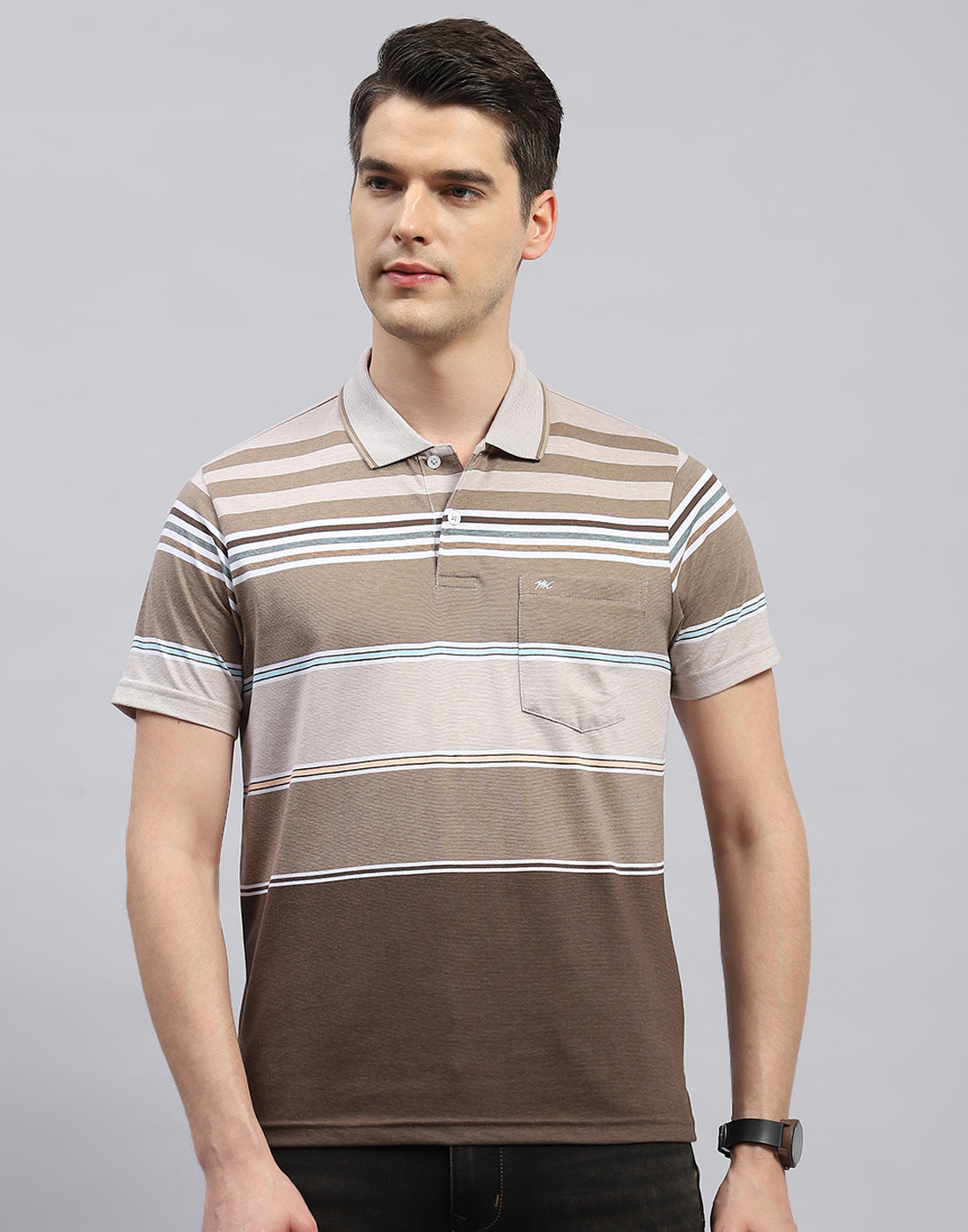 Men Brown Stripe Polo Collar Half Sleeve T-Shirt