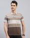 Men Brown Stripe Polo Collar Half Sleeve T-Shirt
