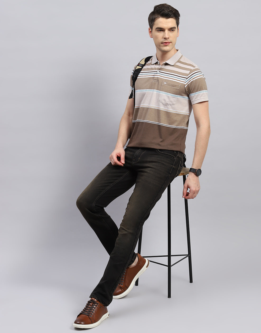 Men Brown Stripe Polo Collar Half Sleeve T-Shirt