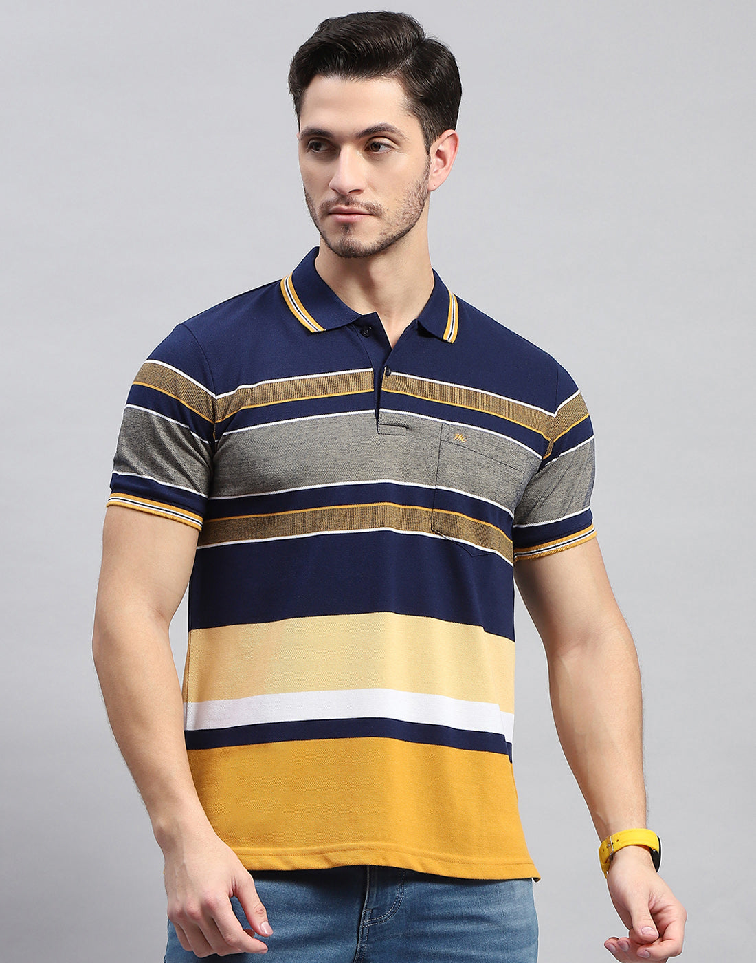 Men Navy Blue Stripe Polo Collar Half Sleeve T-Shirt