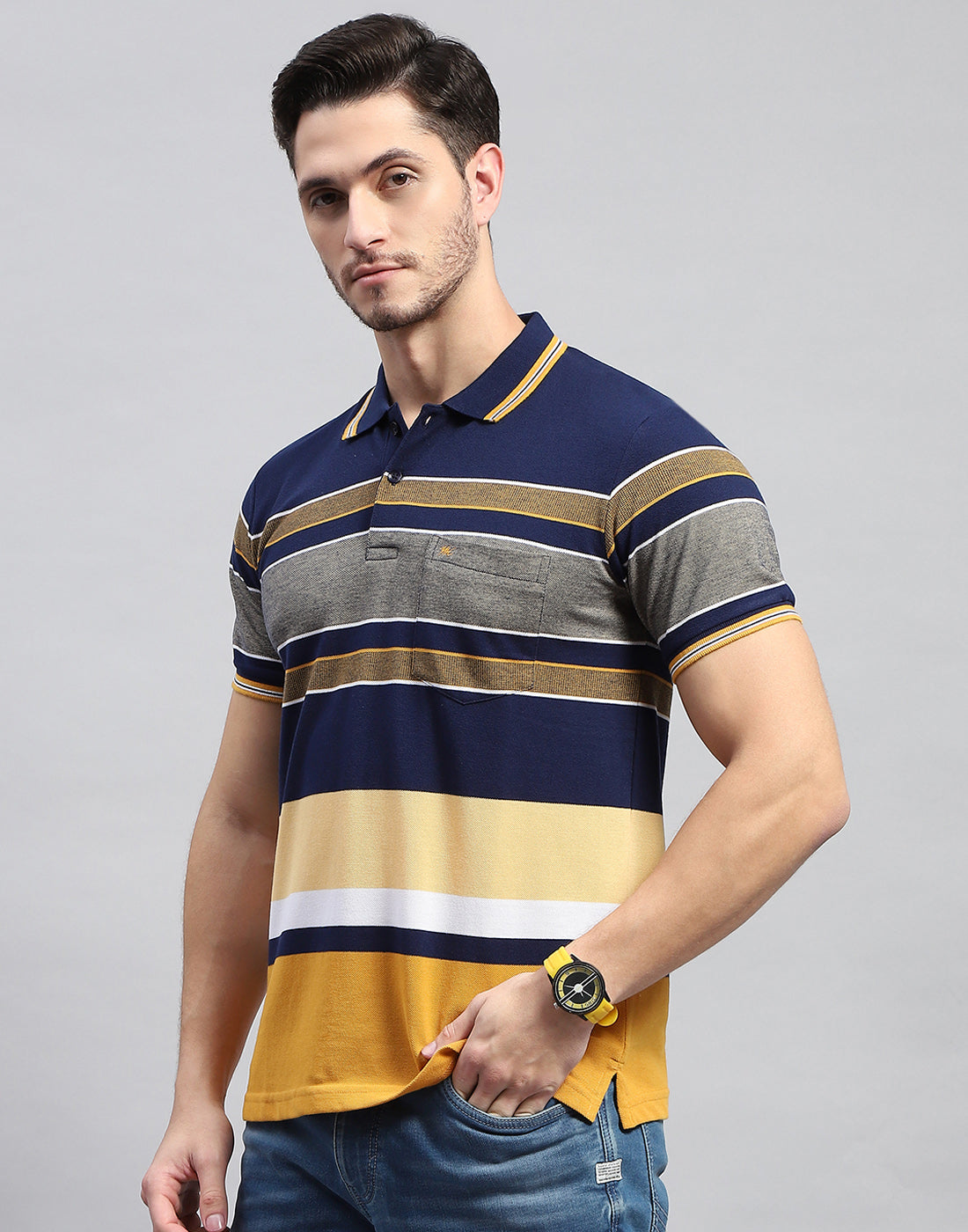 Men Navy Blue Stripe Polo Collar Half Sleeve T-Shirt
