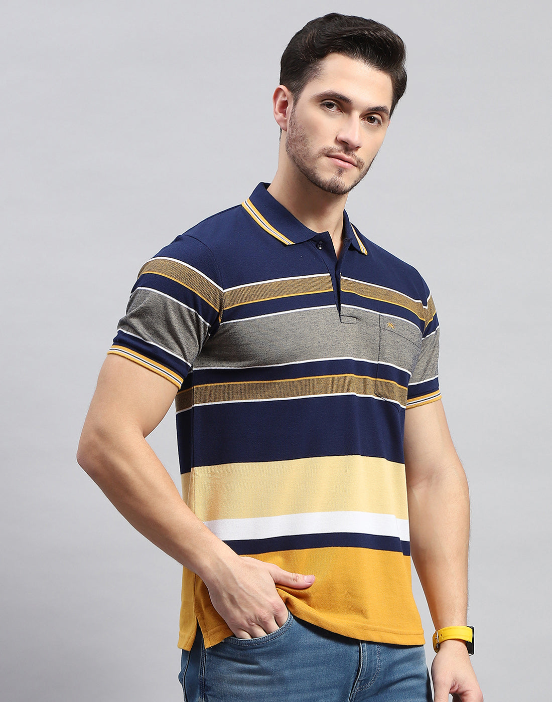 Men Navy Blue Stripe Polo Collar Half Sleeve T-Shirt