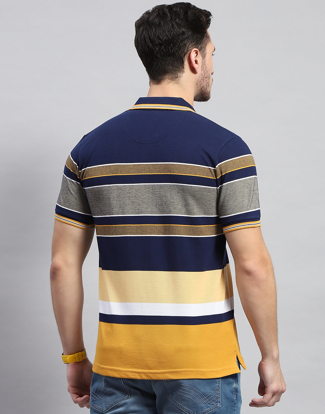 Men Navy Blue Stripe Polo Collar Half Sleeve T-Shirt