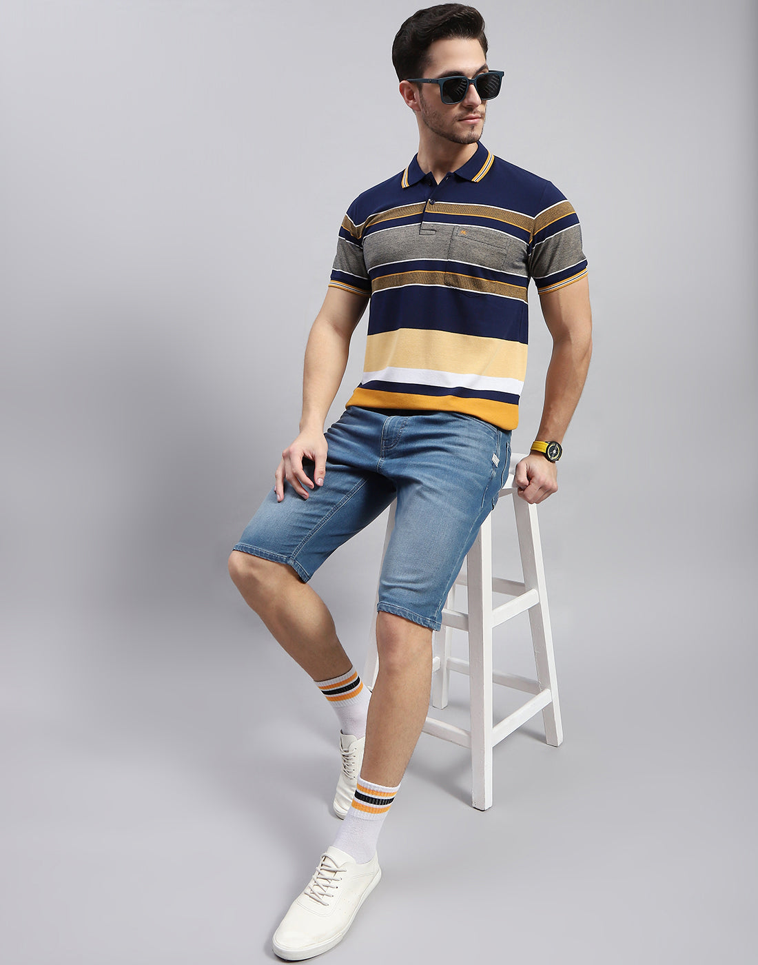 Men Navy Blue Stripe Polo Collar Half Sleeve T-Shirt