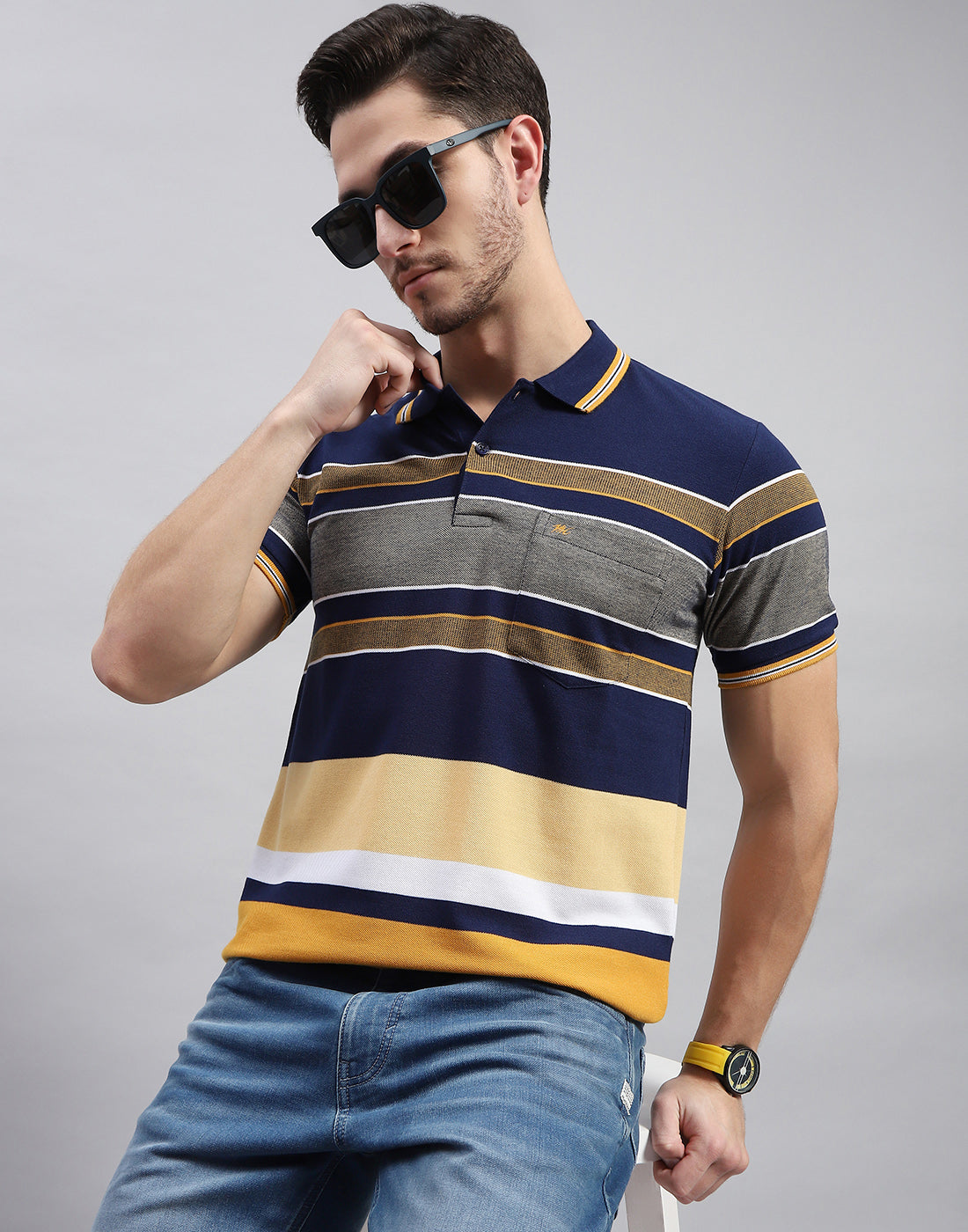 Men Navy Blue Stripe Polo Collar Half Sleeve T-Shirt