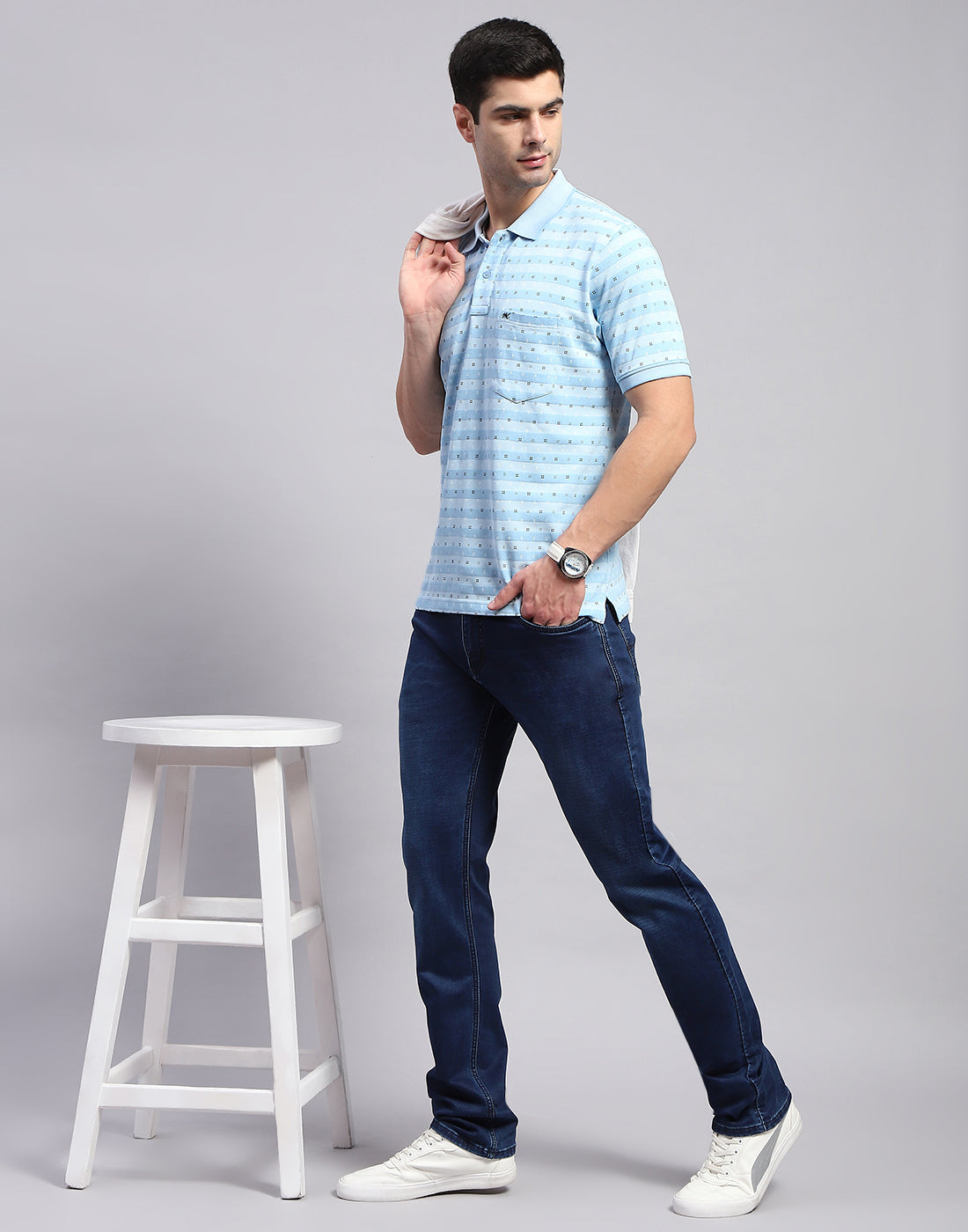 Men Blue Printed Polo Collar Half Sleeve T-Shirt