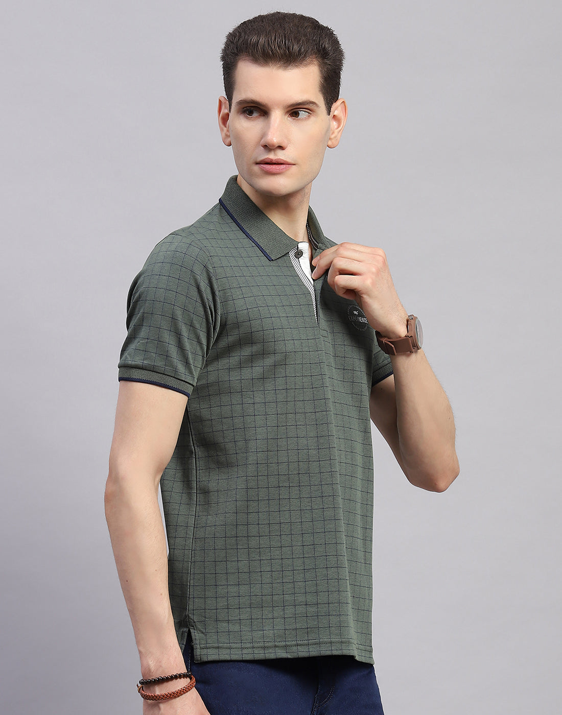 Men Olive Stripe Polo Collar Half Sleeve T-Shirt