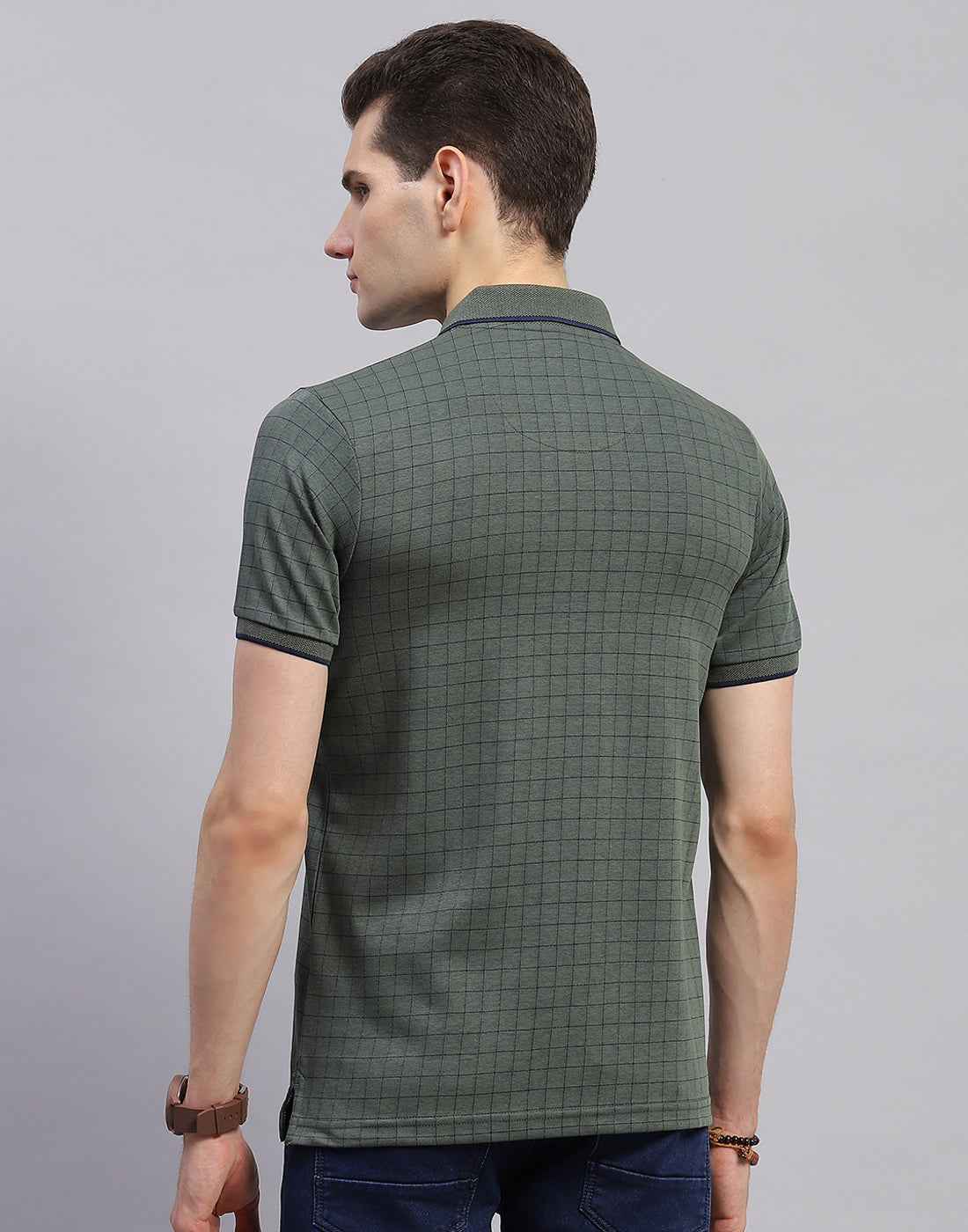 Men Olive Stripe Polo Collar Half Sleeve T-Shirt
