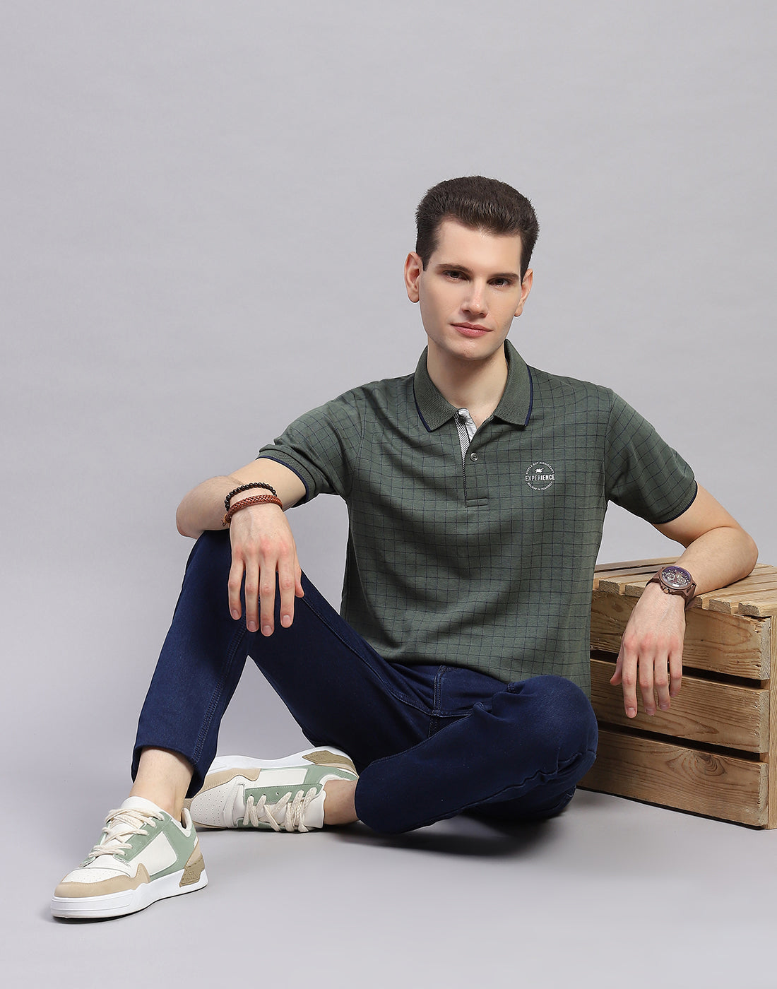Men Olive Stripe Polo Collar Half Sleeve T-Shirt