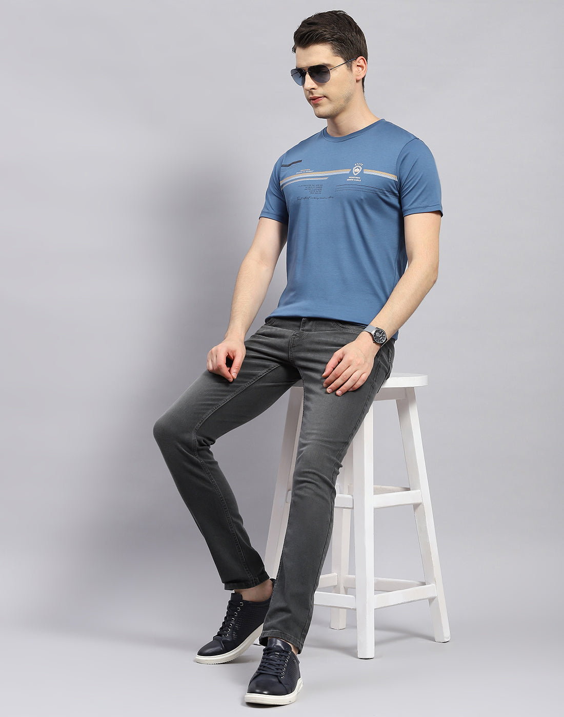 Men Blue Printed Round Neck Half Sleeve T-Shirt