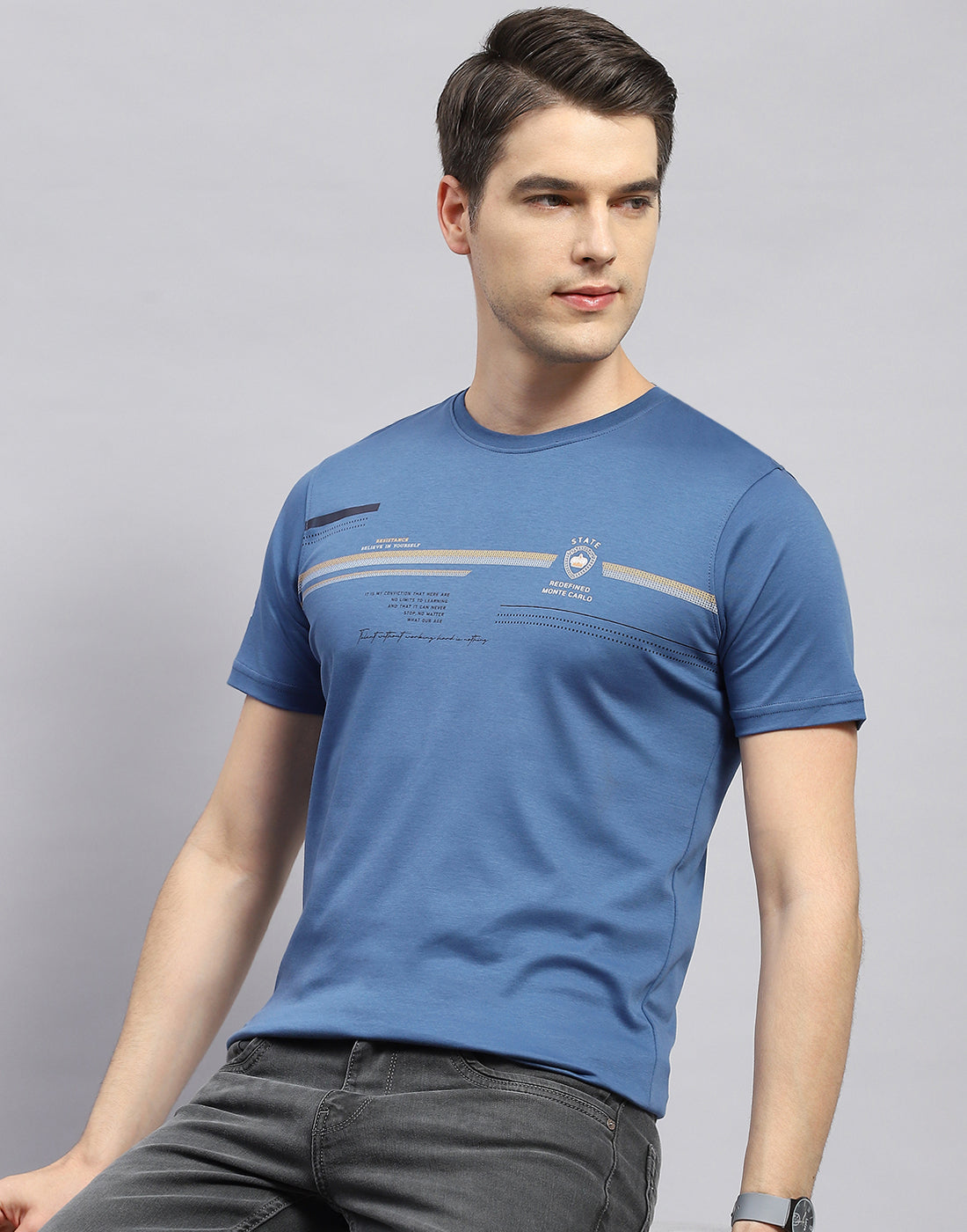 Men Blue Printed Round Neck Half Sleeve T-Shirt