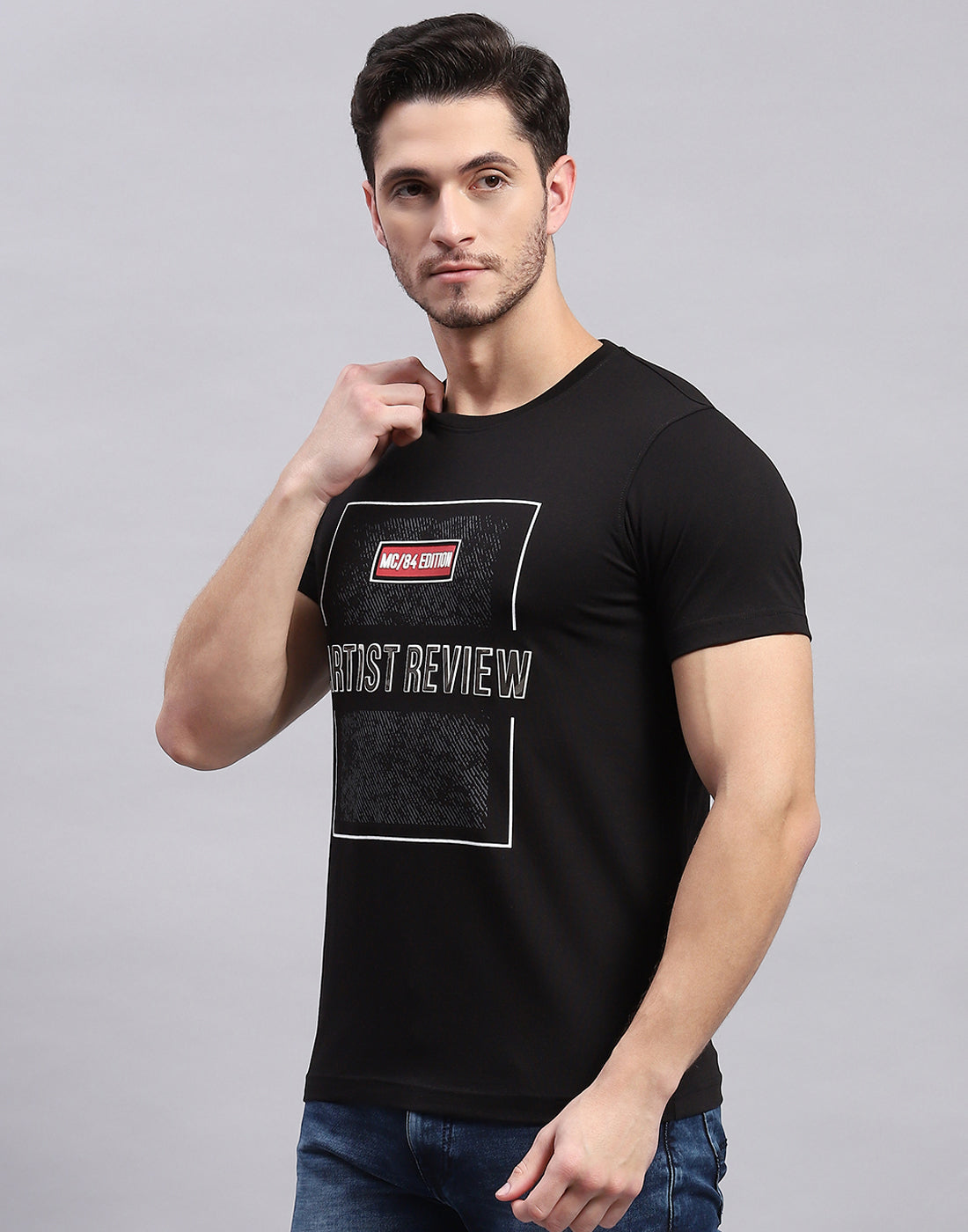 Men Black Printed Round Neck Half Sleeve T-Shirt