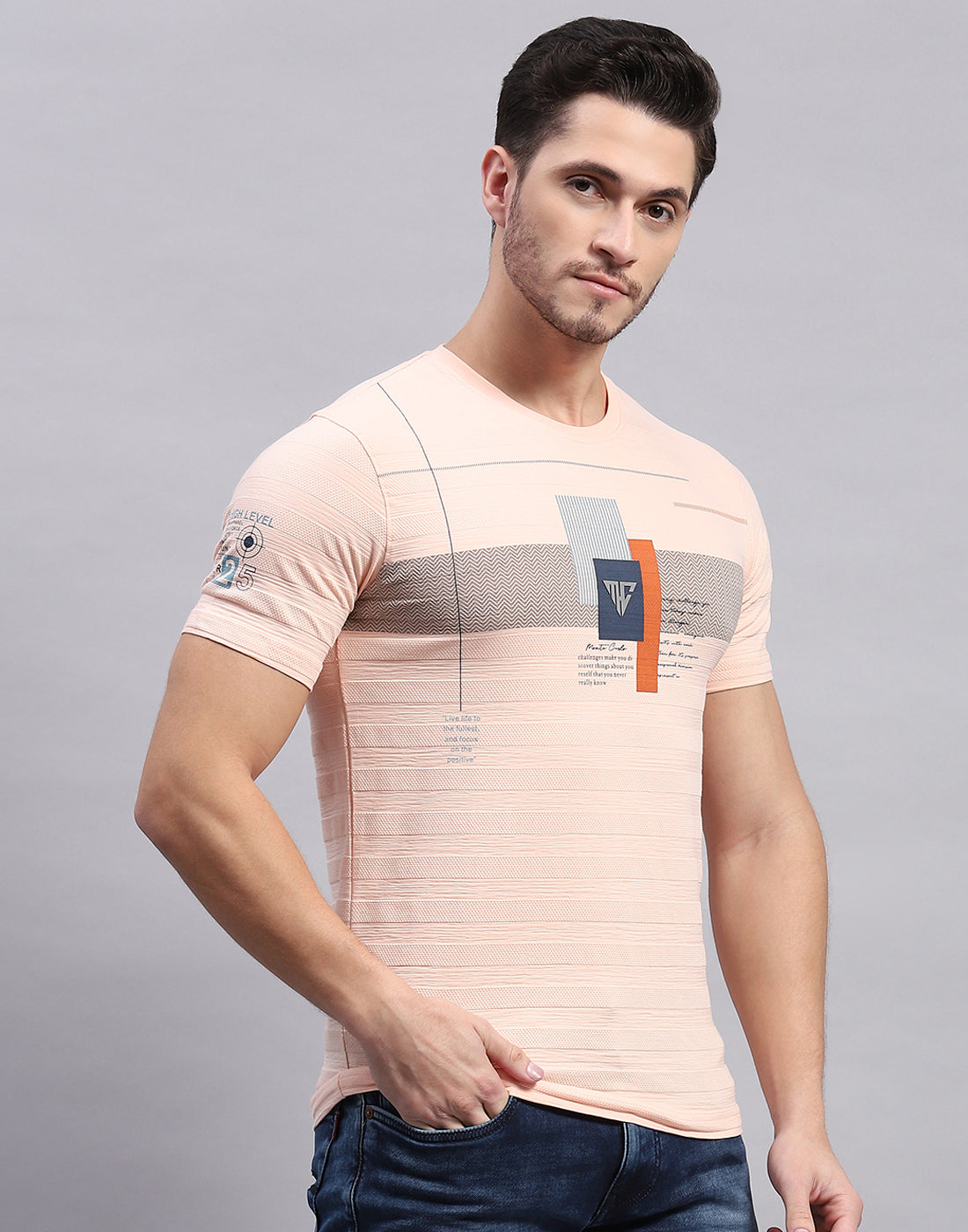 Men Peach Printed Round Neck Half Sleeve T-Shirt
