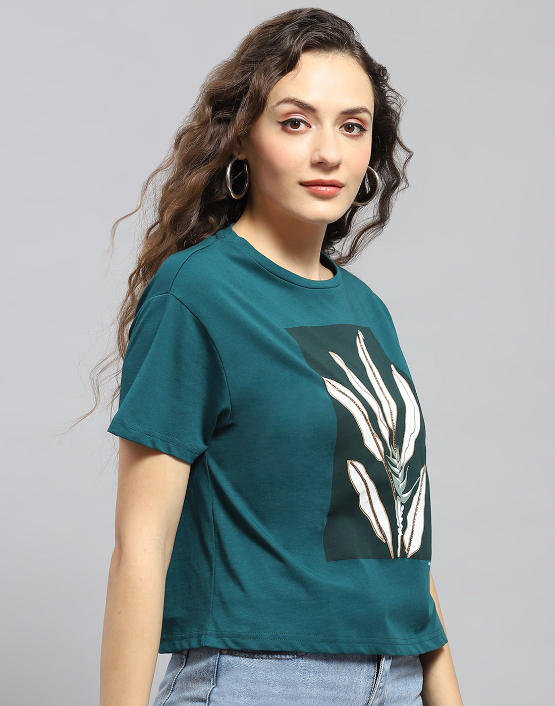 Women Teal Blue Printed Round Neck Half Sleeve Top